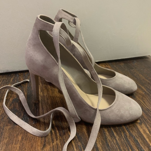 tan suede wrap heals/ tie up beige 3in - Picture 2 of 3